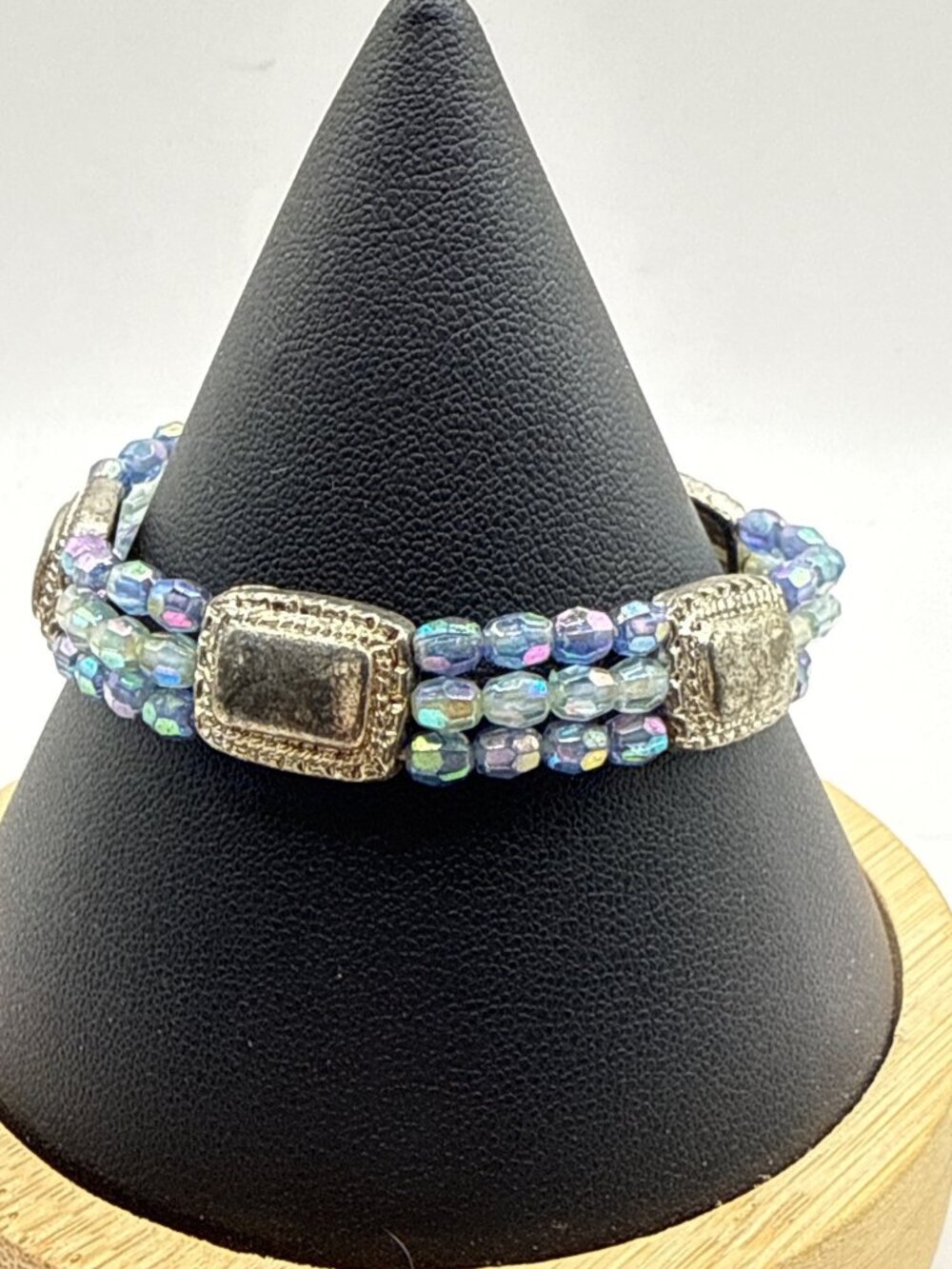 Vintage Iridescent Blue Crystal Triple Strand Stretch Bracelet Boho Fairycore
